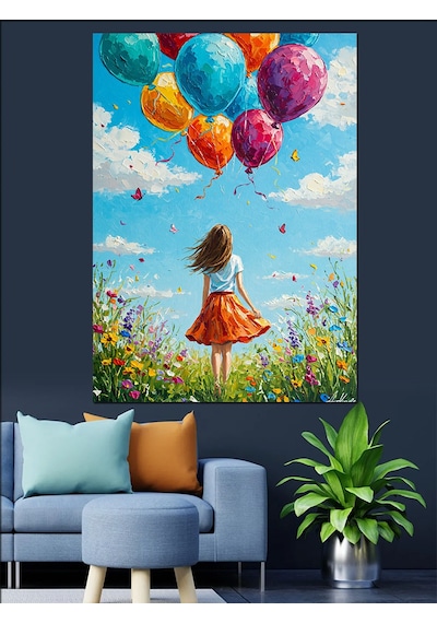 Uçan Balonlu Küçük Kız Dekoratif Kanvas - Mdf Ahşap Tablo