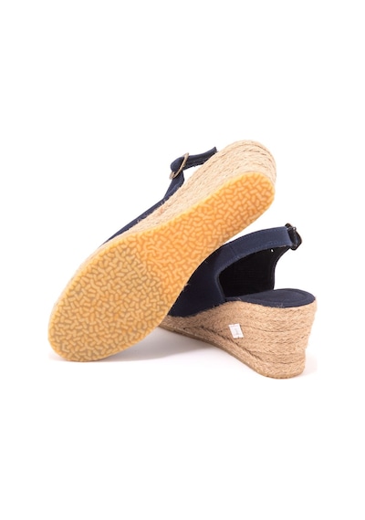 Star Tombis Gerçek Elişi Arkadan Bantlı Topuğu Açık Burnu Hasırlı Keten Espadril Dolgu Topuk Handmade Lacivert
