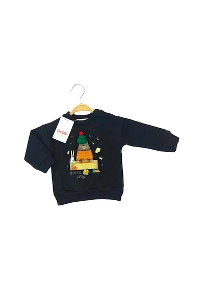 Çikoby Bebek Örgü Şapkalı Ayı Baskılı Sweatshirt-13519 Siyah