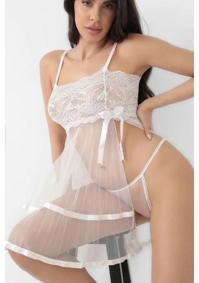 Sistina Beyaz - 168 - Şifon Pileli Gecelik-835 - - Csmo-tex - Beden S/m