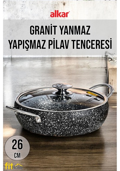 Granit Döküm Pilav Tenceresi Fırına Girebilir Metal Saplı Pilav Tenceresi 26-28-30 Cm Siyah