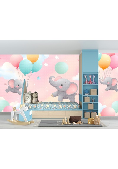 Balonlarla Uçan Filler Çocuk Odası Poster Duvar Kağıdı