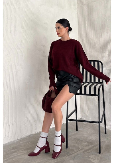Femelle Kadın Bordo Standart Beden Oversize Basic Triko Kazak - 357bnd