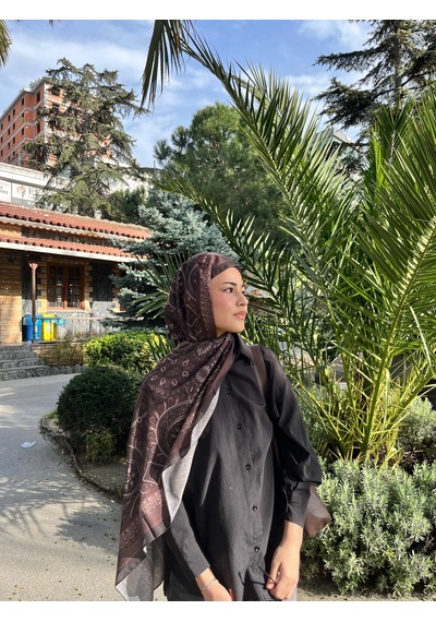 Modakaşmir Aminenesil Etnik Desen Soft Pamuk Şal Kahverengi Renk Acı Kahverengi