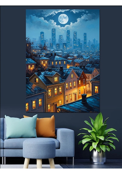 Ahşap Tablo Gece Işıklarıyla Parlayan Şehir Silüeti Ünlü Tabloları