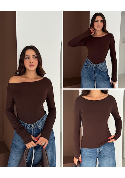 Elaxi Kadın Kayık Yaka Parmak Geçmeli Uzun Kollu Full Likralı Pamuk Viskon Buzzy Body Tişort Kahverengi Elaxi Kadın Kayık Yaka Parmak Geçmeli Uzun Kollu Full Likralı Pamuk Viskon Buzzy Body Tişort Kahverengi