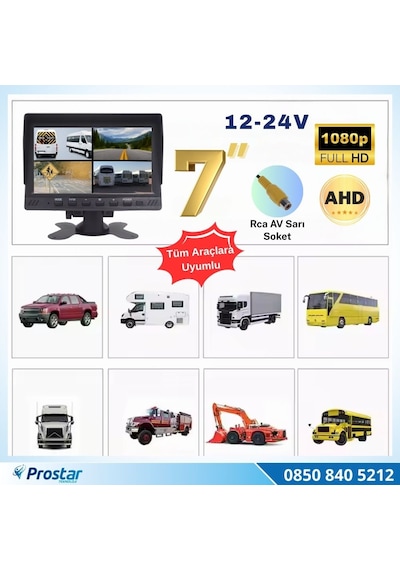 Kayıtlı 7 İnç Ahd Analog 4 Kanal Full Hd Quad Araç Monitörü Rca Bağlantılı 12-24v
