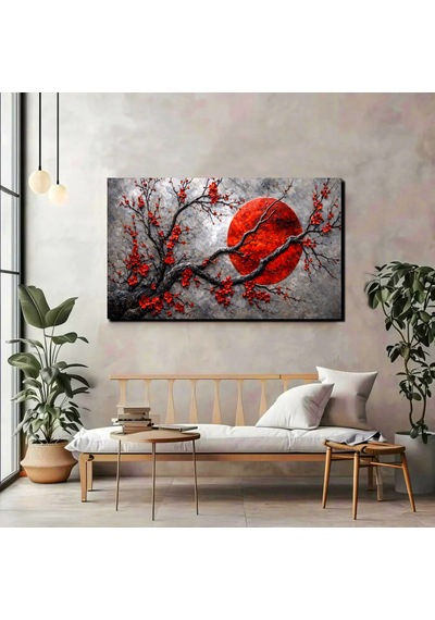 Kırmızı Ay Ve Sakura Ağacı Kanvas Tablo