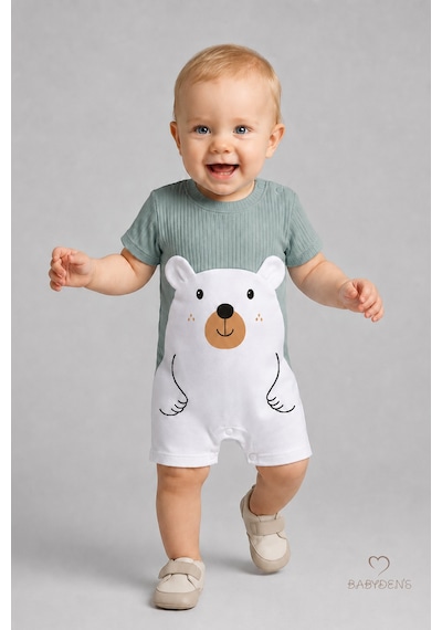 Babyden's Erkek Bebek Ayıcık Baskılı Kısa Kollu %100 Pamuk Yazlık Bebek Tulumu Yenidoğan Günlük Tulum 0-9 Ay Haki - Yeşil