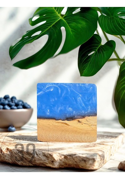 Ceviz & Turkuaz Epoksi Bardak Altlığı Seti 6 Lı, El Yapımı Ceviz Ahşap, 12x12 Cm, Modern & Şık Tasarım Turkuaz