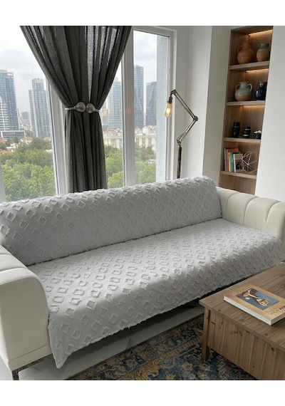 Royam Koltuk Örtüsü Çekyat Örtüsü 175 X 215 Lüks Kumaş Şönil Jakarlı Kaymaz Gri
