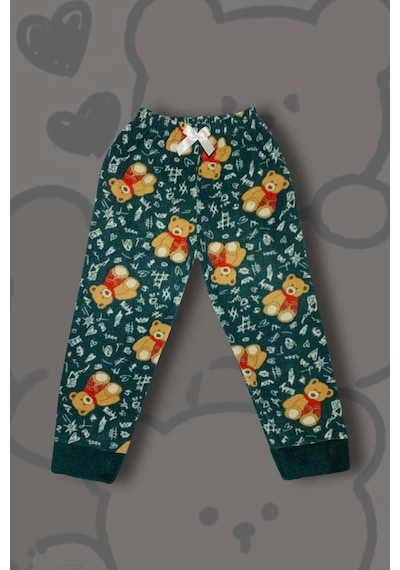Kız Çocuk Göz Bantlı Peluş Polar Pijama Takımı Koyu Yeşil