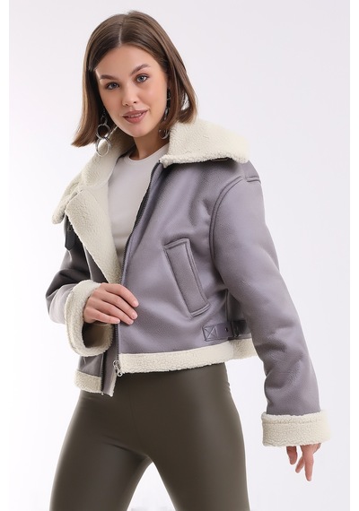 Winmoda34 Içi Kürk Astarlı Biker Kısa Ceket Gri