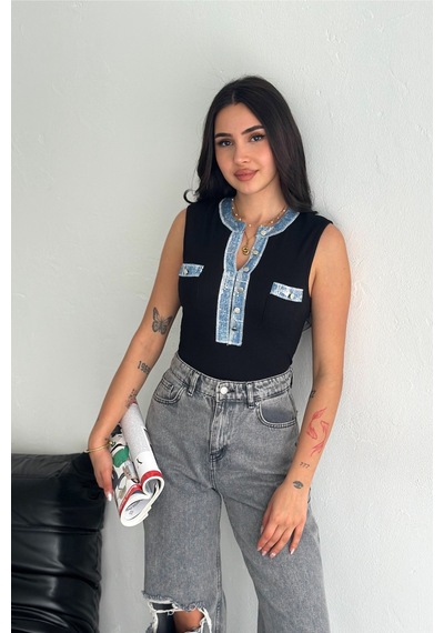 Femelle Kadın Siyah Kot Detaylı Pul Payet İşlemeli %100 Pamuk Kolsuz Triko Bluz