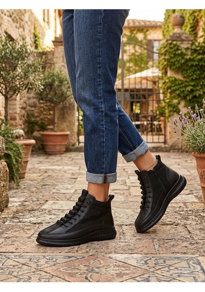 Beren Hakiki Deri Siyah Kadın Bot Süet Garnili Bağcıklı Ortopedik Comfort Günlük Casual Sneaker Bot