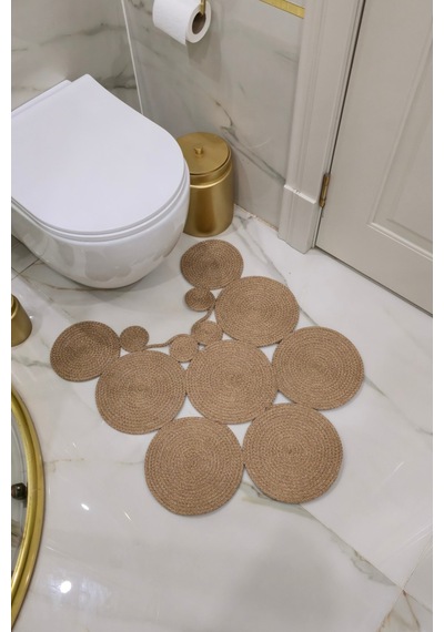 El Yapımı Bohem Jüt, Hasır, Paspas, Banyo Paspası, Klozet Önü Paspası, Klozet Paspas, Çift Taraflı Bej