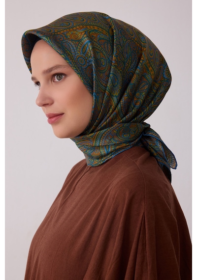 Belli Etnik Desen %100 Twill İpek Eşarp Be04 Mavi-Yeşil