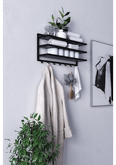 Sofya 2 Katlı Antrasit Raflı Askılık, Portmanto 43 Cm - 4 Askı Siyah