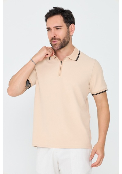 Bej Fermuarlı Erkek Polo Yaka Tişört