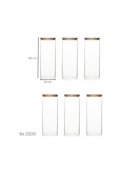 4-3 Bambu Vakumlu Kapaklı Yuvarlak Borosilikat Cam 6lı Kavanoz Seti Saklama Kabı 2100ml 10x30cm Diğer