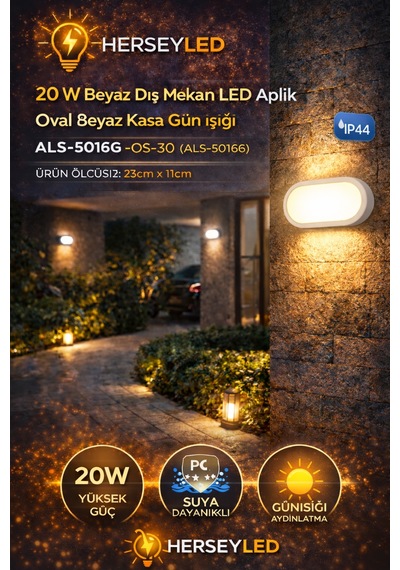 20 W Siyah Dış Mekan Led Aplik Oval Beyaz Kasa Günışığı Işık Als-5016g Ip44 Gün Işığı