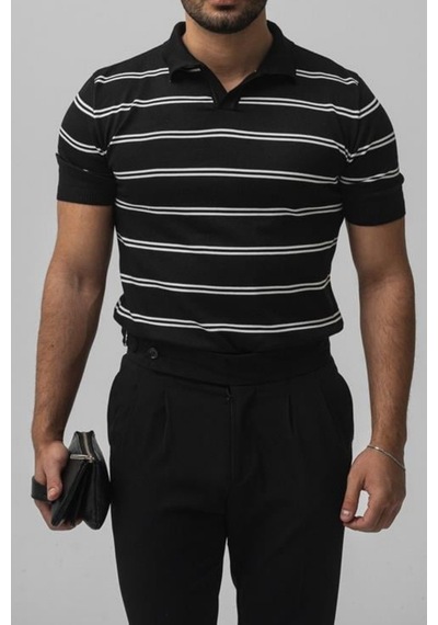 Tarz Cool Erkek Paralel Polo Yaka Slim T-shirt Siyah