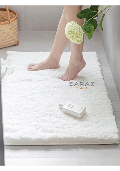 Saraz Halı Soft 40x60 Beyaz Banyo Paspası Puffy Paspasbeyaz Beyaz