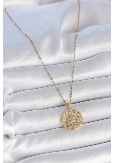 316l Çelik Gold Renk Zincr Mavi Taşlı Lotus Model Kadın Kolye