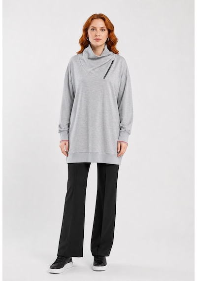 Neden Tekstil Kadın Gri Uzun Triko Sweatshirt Fermuarlı Yaka