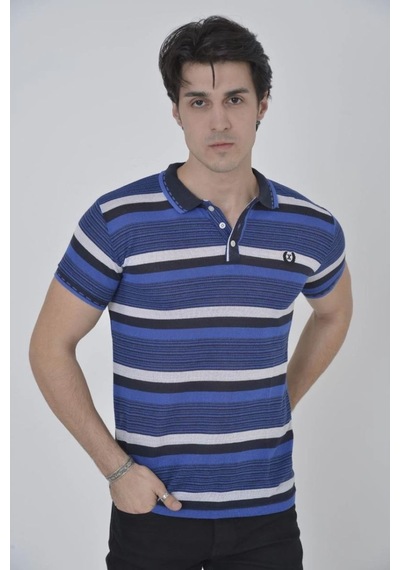Erkek Polo Yaka Tişört Slim Fit Dokuma Çizgili T-shirt - Mavi