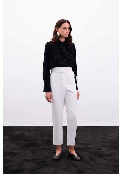 Sateen Kemerli Pantolon - Ekru-136910 Ekru