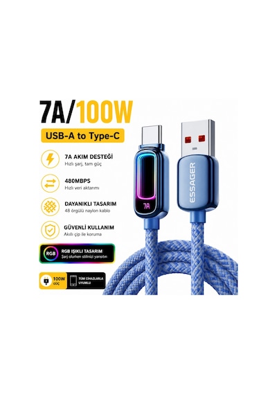 Essager 7a 100w Rgb Işıklı Usb-a To Type-c Hızlı Şarj Kablosu 480mbps Veri Aktarımı, Örgülü Dayanıklı Kablo 00354-00355 Mavi 1 Metre