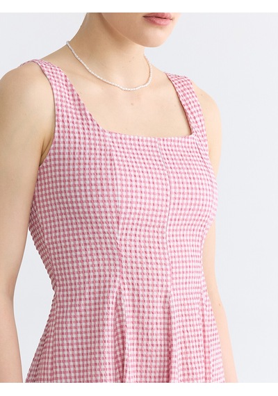 Lcw Comfort Pembe Kare Yaka Ekose Belden Oturtmalı Elbise