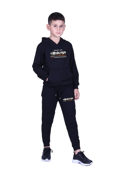 Fyk Kids Kapüşonlu Kanguru Cepli Creative Yazı Baskılı Erkek Çocuk Eşofman Takımı Siyah