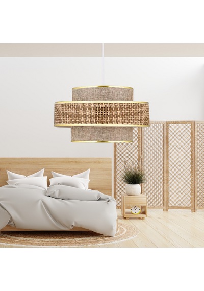 Otantik Trio Metal Kasalı Hasır Kaplama Ve Bej Kumaş Salon Avize Üç Katlı Pasta Yatak Odası Sarkıt Bej