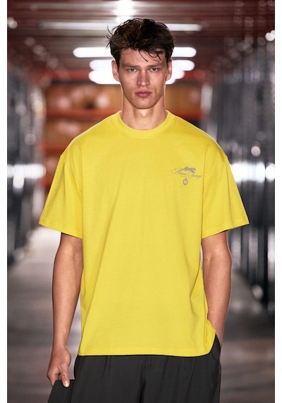 Grımelange Manoır Erkek Organik Pamuklu Baskı Detaylı Rahat Kalıp Sarı T-shirt