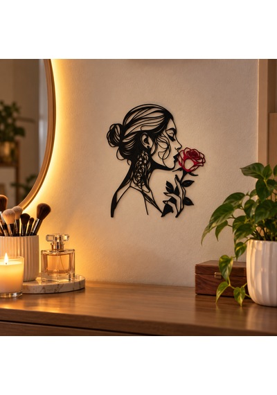 Kadın Ve Gül Figürlü Dekoratif Duvar Süsü 3d Baskı Modern Duvar Dekoru 32x28 Cm Kırmızı - Siyah