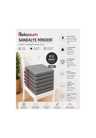 Comfort Plus Sandalye Koltuk Minderi 40x40 Bağcıklı Fermuarlı Yıkanabilir Balkon Bahçe Minderi 6 Adet Gri
