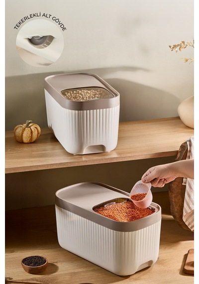 2'li Ölçekli Tekerlekli Kayar Kapaklı Erzak Bakliyat Saklama Kabı 12 Litre Bej
