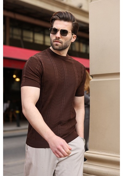 Kahverengi Bisiklet Yaka Slim Fit Triko Erkek Tişört E7466