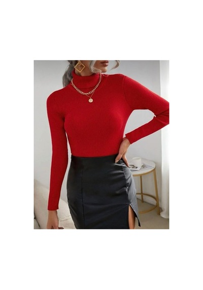 Hanclo Kadın Fitilli Balıkçı Yaka Slim Fit Triko Kazak Kırmızı
