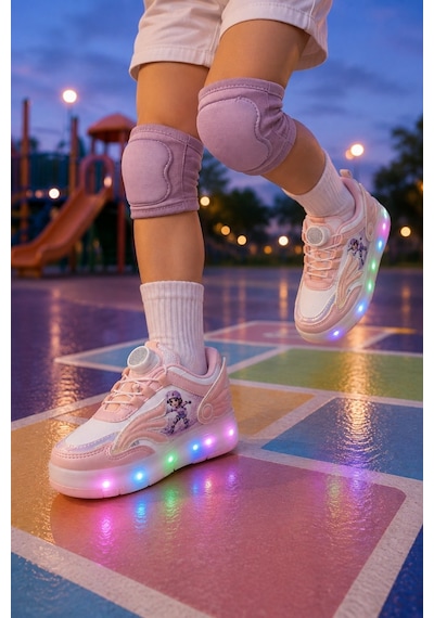 Muggo Wıngs Çocuk Kanat Detaylı Işıklı Patenli Tekerlekli Sneaker Spor Ayakkabı Pudra