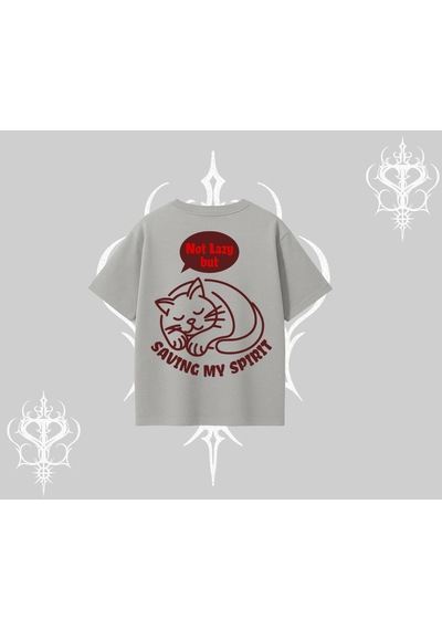 Tarzsokak Not Lazy Saving My Spirit Kedi Baskılı Oversize Tshirt Gri