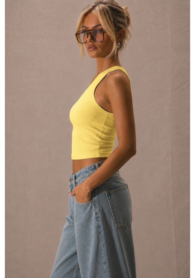 Cool Tarz Kadın Tek Omuz Crop Atlet Esnek Slim Fit Süprem Kumaş Asimetrik Yaka Bluz Sarı Sarı