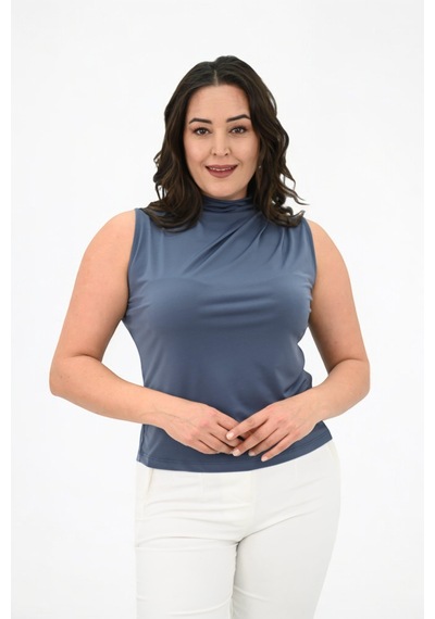 Kadın Büyük Beden Drape Detaylı Dik Yaka Bluz 1851-25 001