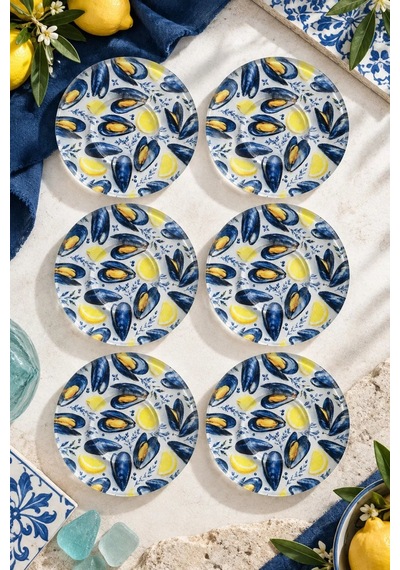 6 Lı Cam Çay Tabağı Limon & Midye Desenli 12 Cm 6 Adet Çay Tabak Lacivert