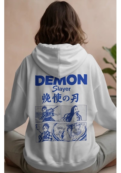 Sevbano Demon Slayer Kimetsu No Yaiba Sırt Baskılı Unisex Oversize Premiu beyaz