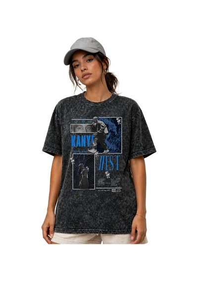 Kanye West Rapper Şarkıcı Ön Baskılı Unisex Oversize Vintage Yıka Siyah