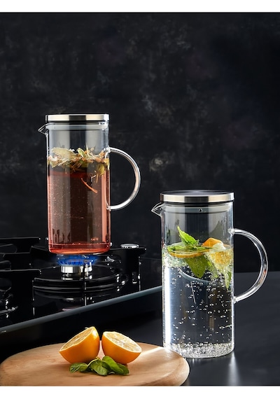 İnox Metal Kapaklı Borosilikat Cam Sürahi 1500 Ml - Ateşe Isıya Dayanıklı Sürahi