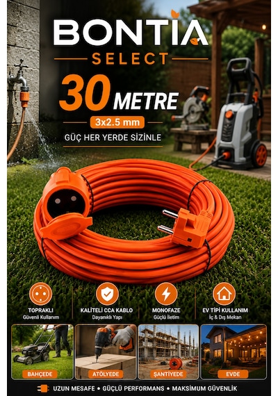 30 Metre Uzatma Kablosu 3x2.5 Mm Topraklı Cca Kablolu Tekli Grup Priz Kapaklı Monofaze Ev Tipi Uzatma Kablosu Taşıma Çantalı 15 M Ve Üzeri